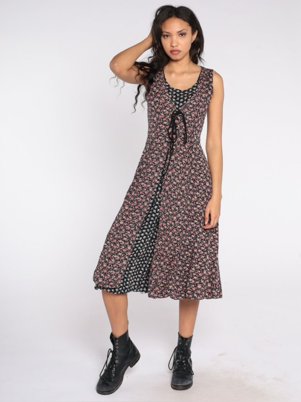 Vintage 90s Calico Print Midi Dress Corset Lace-up Coquette Grunge Whimsigoth - Picture 3 of 13